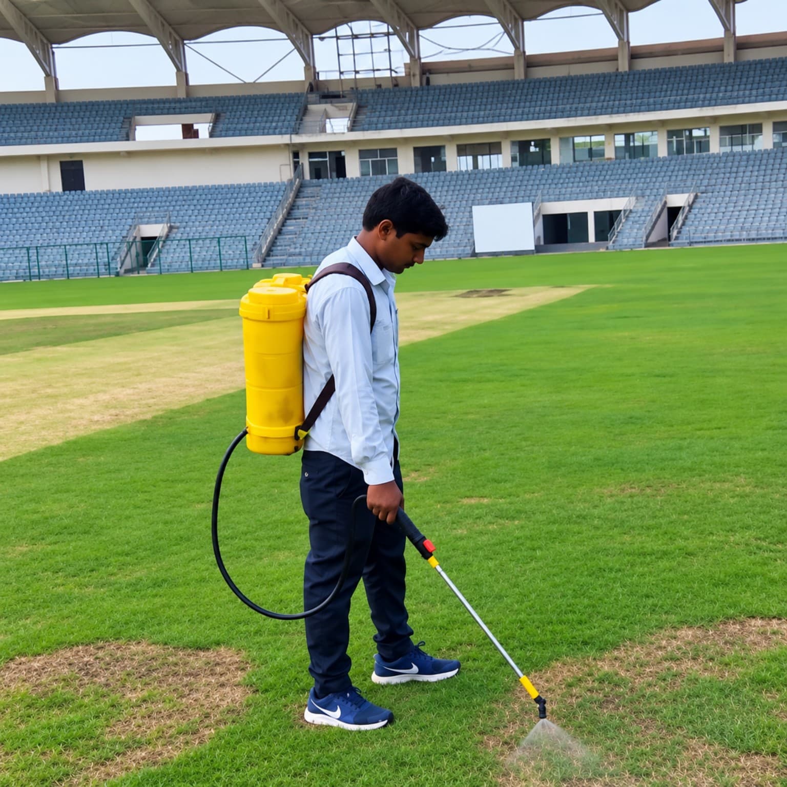 Vansh Pest Control field technician with backpack sprayer applying perimeter treatment