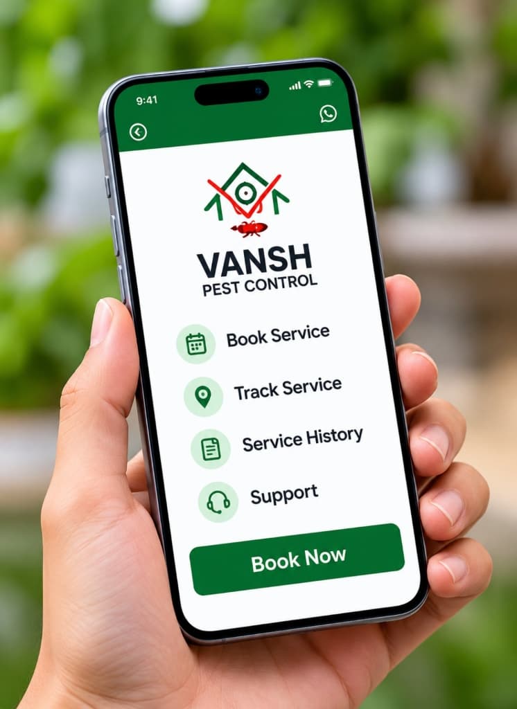 Smartphone displaying Vansh Pest Control booking interface