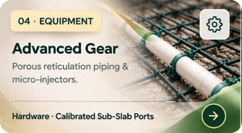04 Equipment - Advanced Gear: Porous reticulation piping & micro-injectors. Hardware: Calibrated Sub-Slab Ports